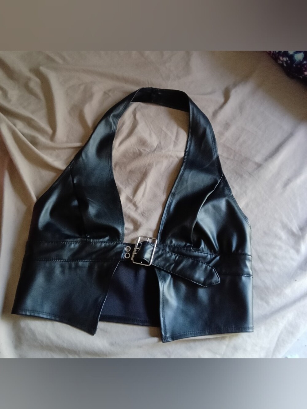 SHEIN Black Faux Leather Halter Belted Vest